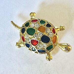 Crystal Rhinestone Turtle Brooch Pin Gold Toned Enamel Multi-Colored